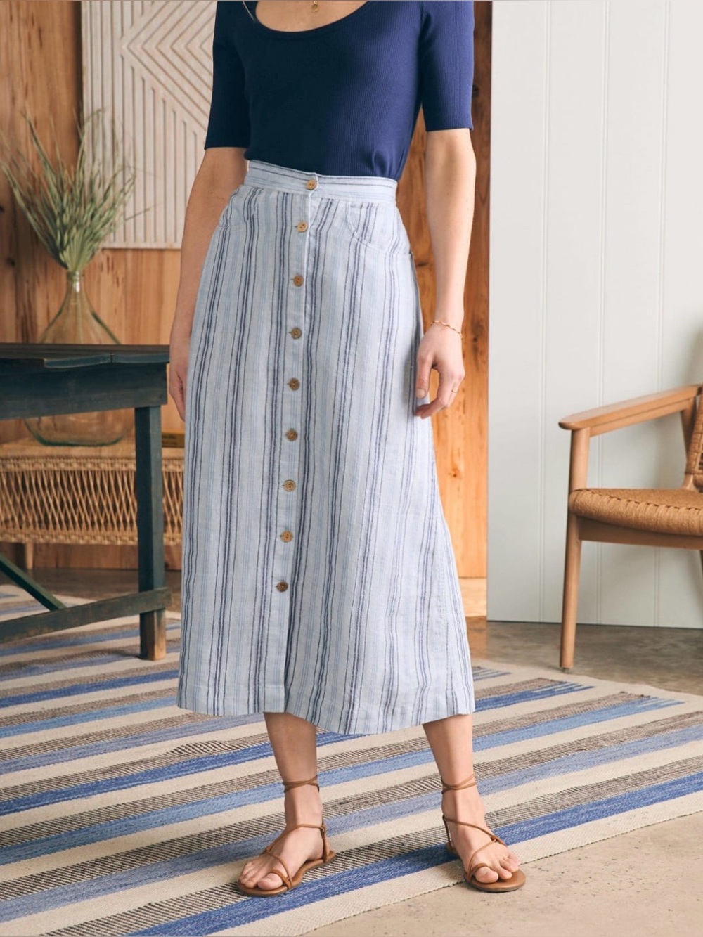Faherty Striped Button-Front LinenMidi Skirt